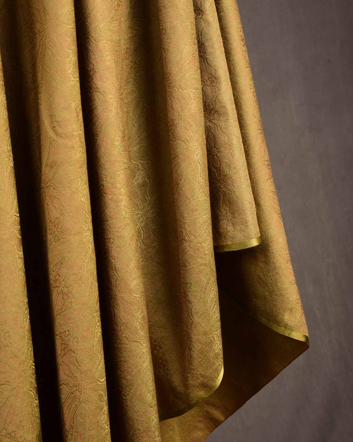 Olive Green Damask Tanchoi Handwoven Silk Wool Banarasi Shawl-HolyWeaves