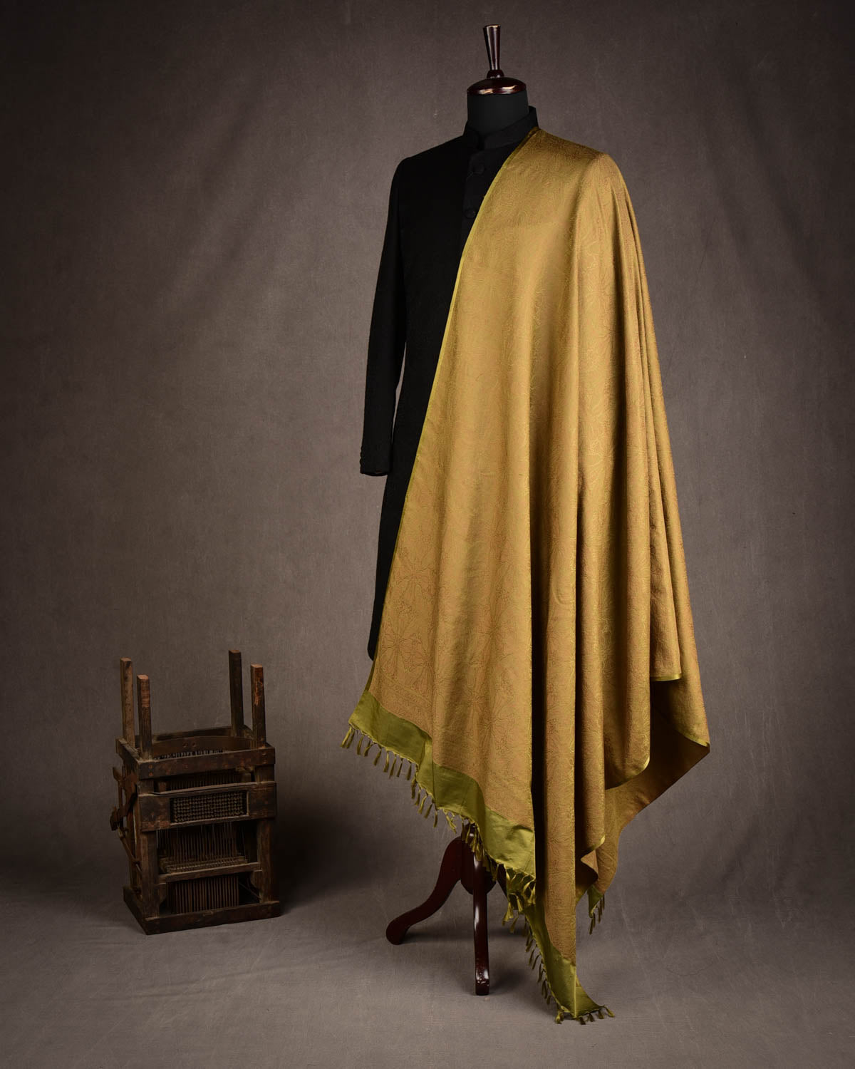 Olive Green Damask Tanchoi Handwoven Silk Wool Banarasi Shawl-HolyWeaves