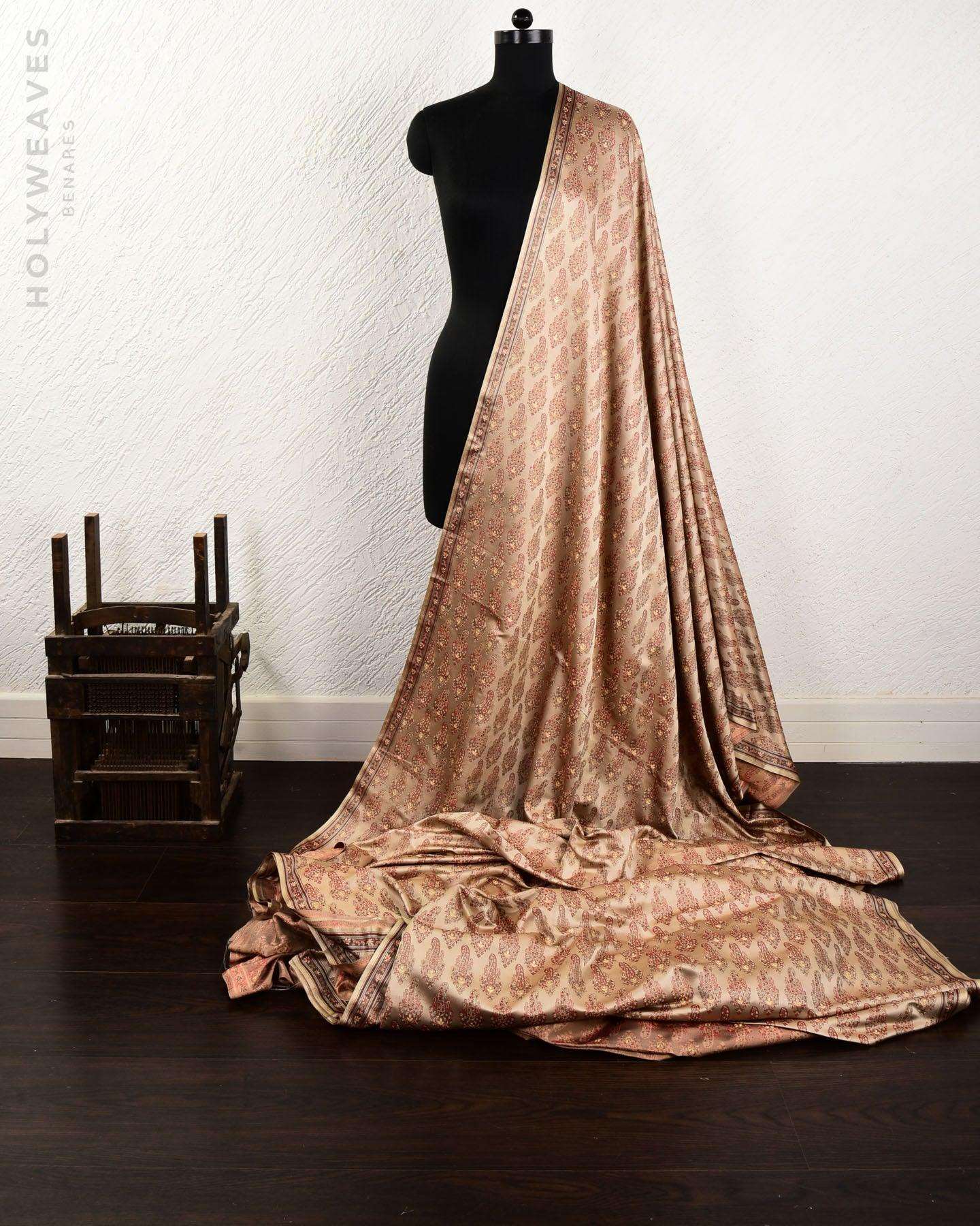 Beige Banarasi Tehri Paisley Jamawar Brocade Handwoven Katan Silk Fabric with Zari Accents - By HolyWeaves, Benares