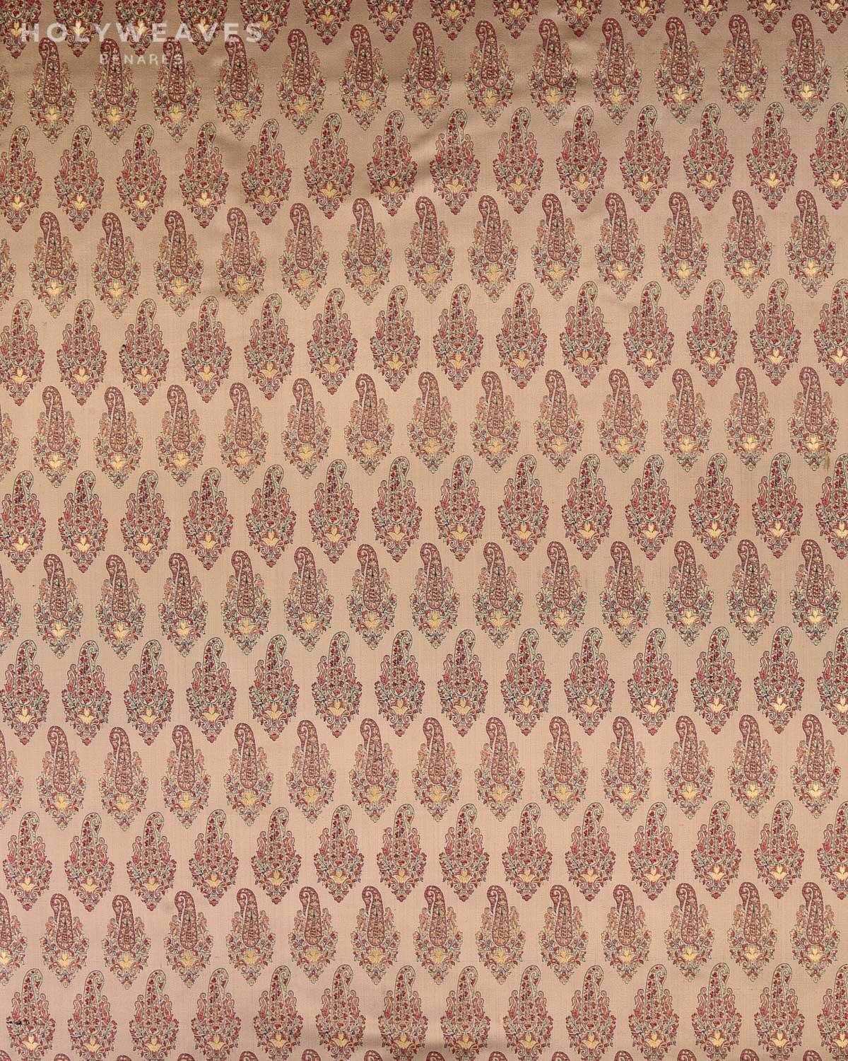 Beige Banarasi Tehri Paisley Jamawar Brocade Handwoven Katan Silk Fabric with Zari Accents - By HolyWeaves, Benares
