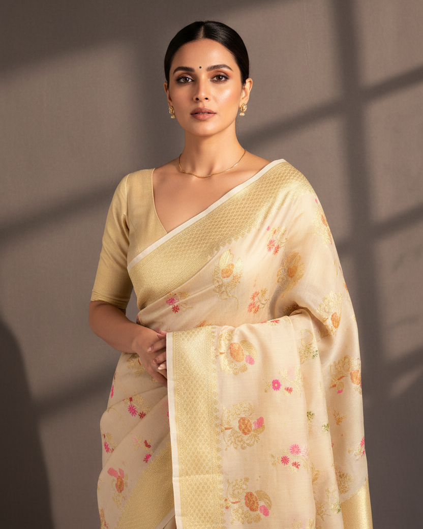 Beige Muga Silk Scattered Butis — Deep V Neck