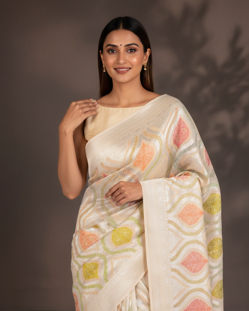 Beige Silver Zari Meenakari Ogee — Editorial