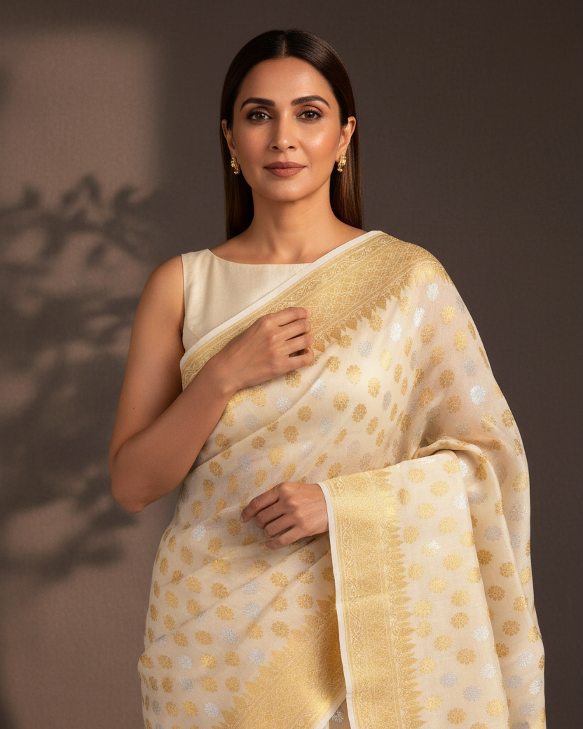 Beige Tasar Georgette Gold Silver Buti — Hermès Editorial