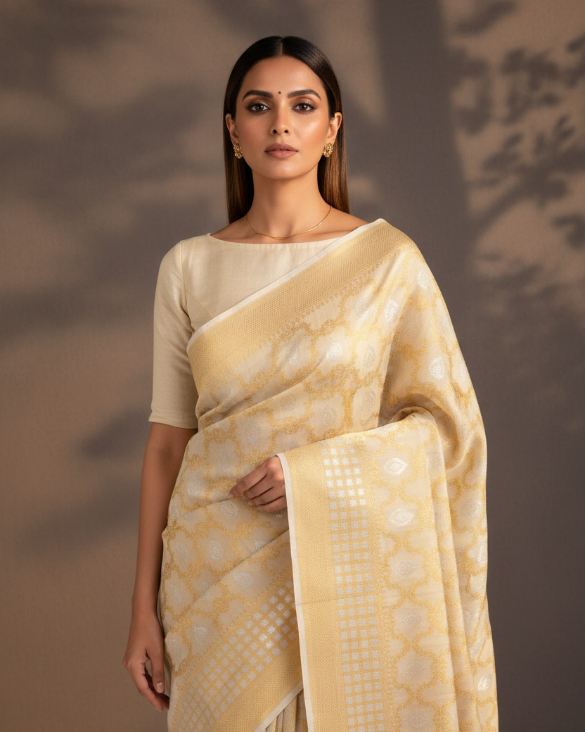 Beige Tasar Georgette Jangla Buti — Boat Neck