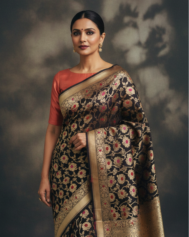 Black Banarasi Gulab Jaal Saree Lifestyle