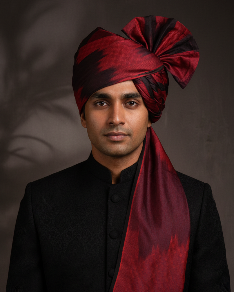 Black & Crimson Ikat Safa — Final Attempt