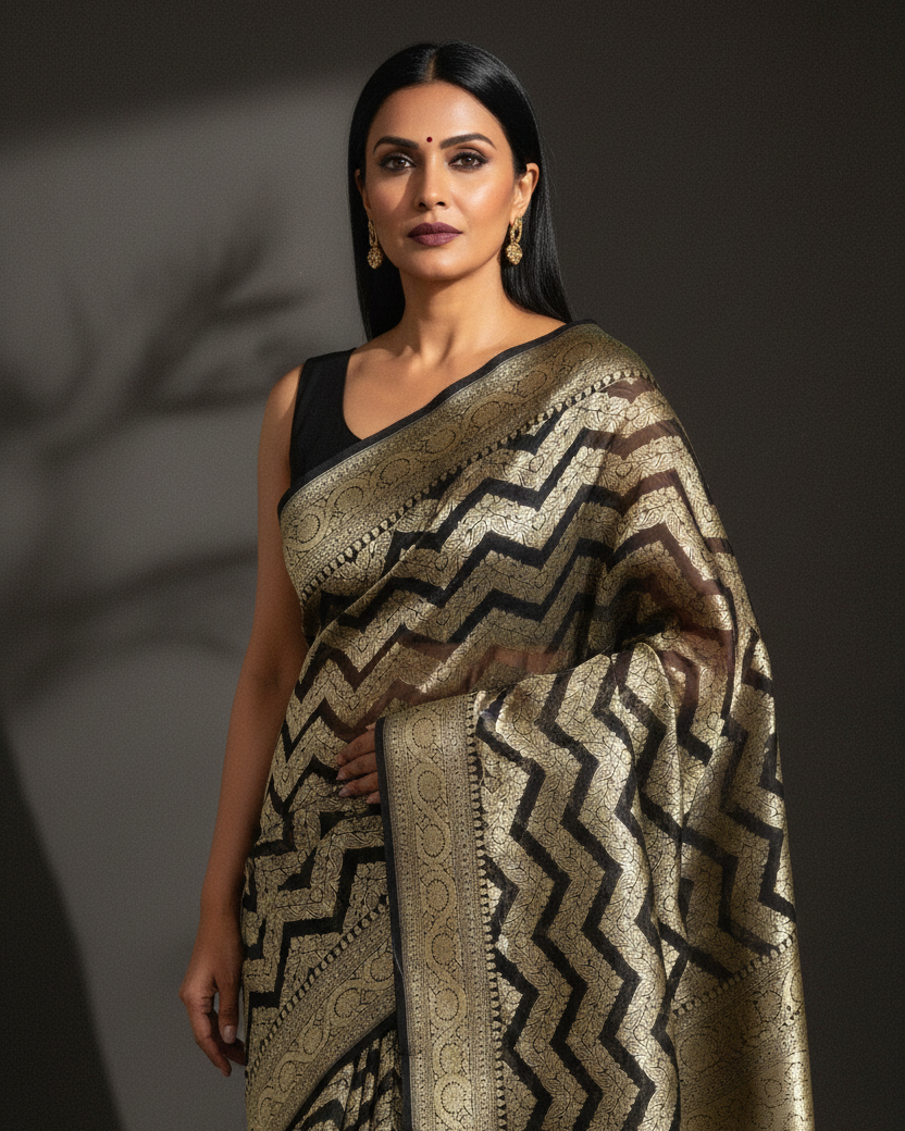 Black Gold Chevron Khaddi Georgette — No Watermark