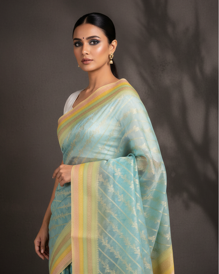 Blue Hand Brush Dye Gold Zari Diagonal Kora Silk Banarasi Editorial