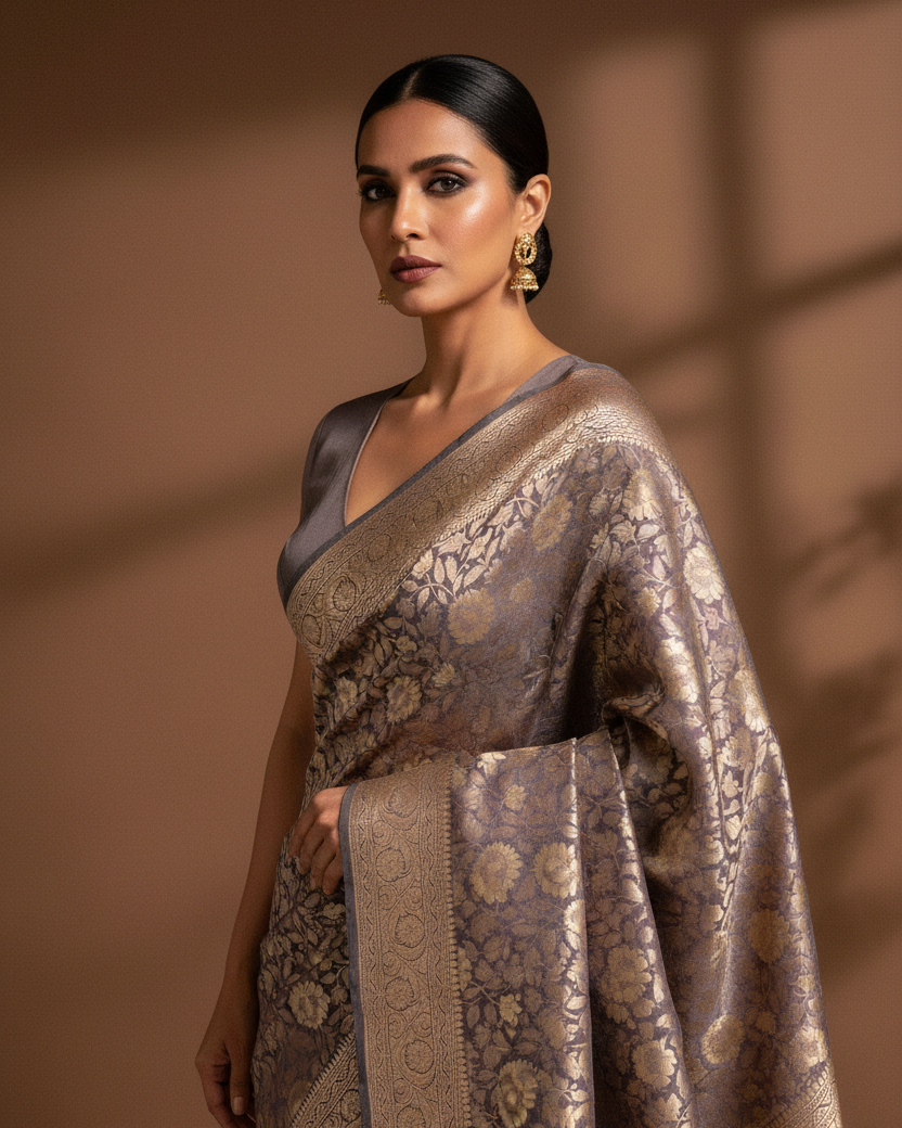 Blush Gray Katan Floral Jaal - Image 1