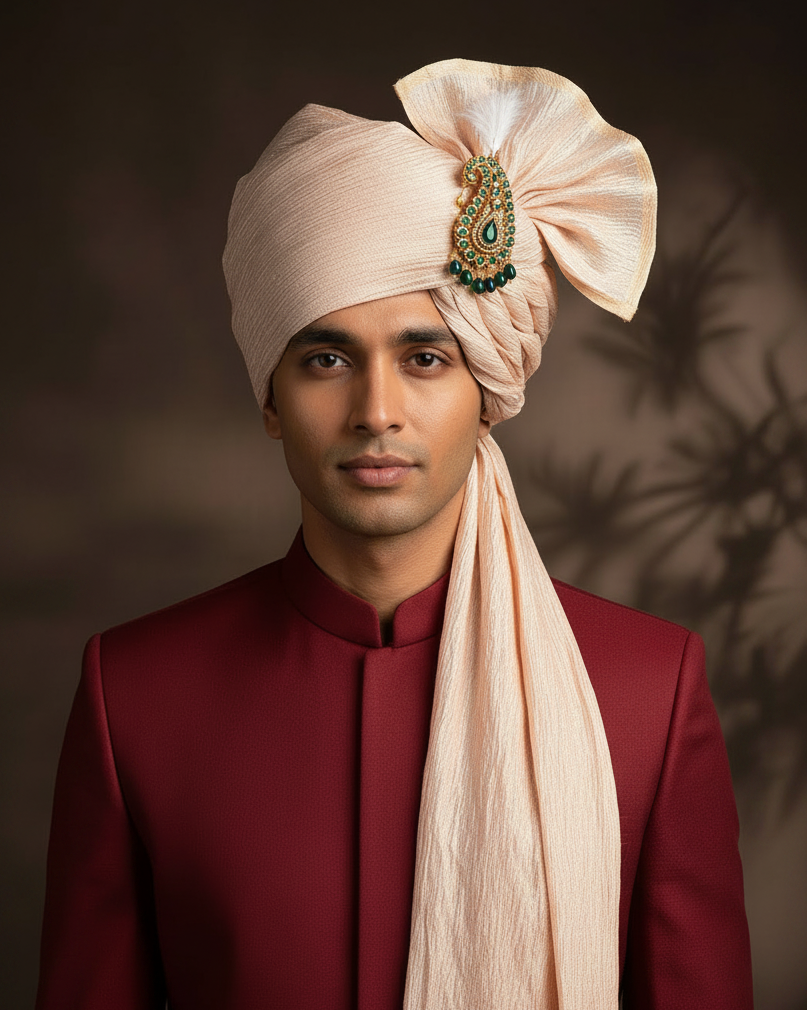 Blush Rose-Gold Crushed Tissue Safa - With Kalgi