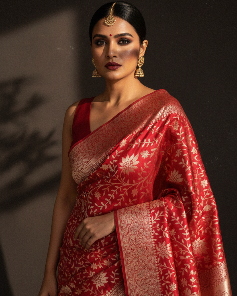 Bridal Red Gold Zari Floral Jaal Katan Silk — Editorial