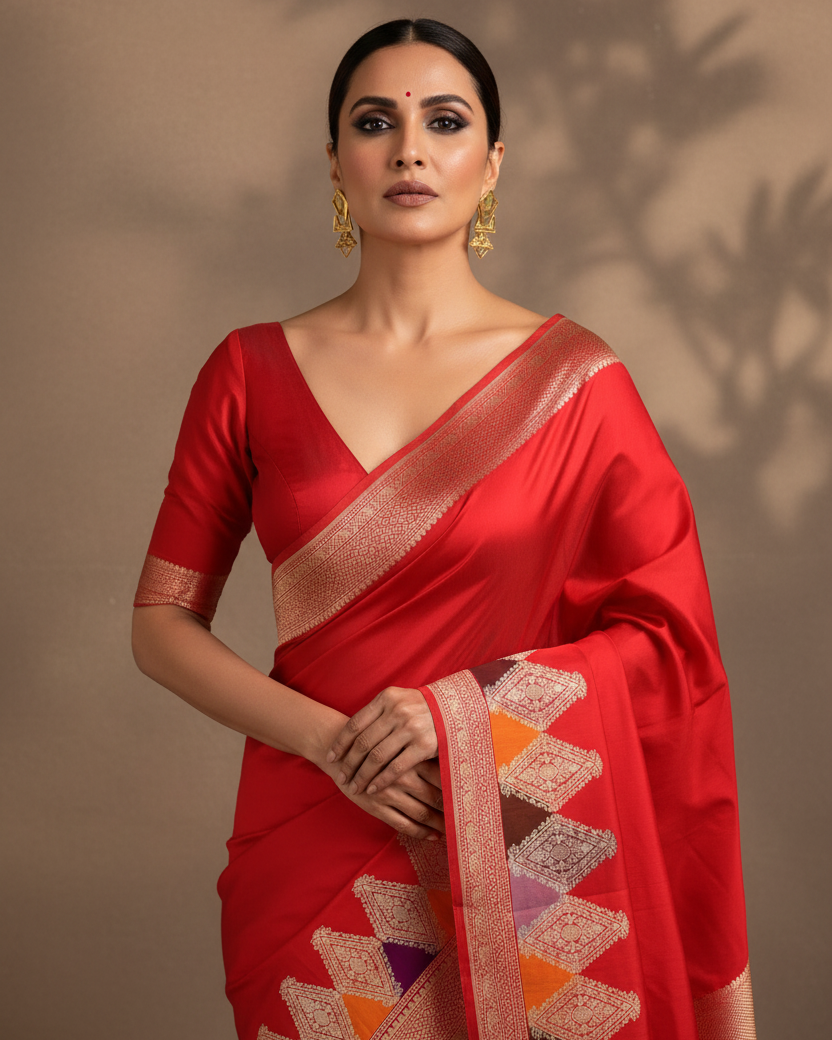 Bridal Red Meenakari Zigzag Koniya Katan Silk — Editorial