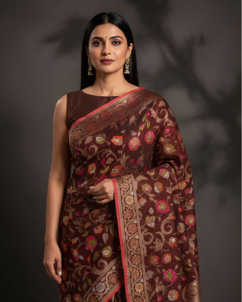 Brown Gulab Jaal Cotton Banarasi — Image-Led