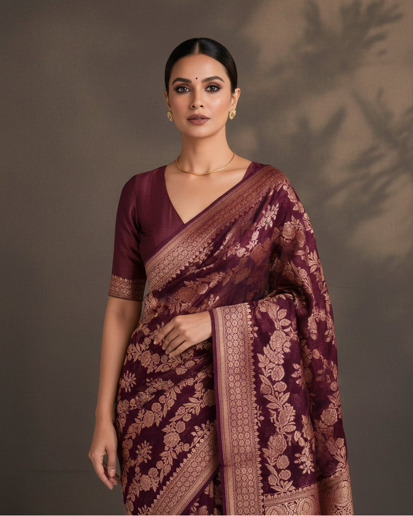 Burgundy Rose Gold Gulab Jaal Khaddi Georgette — Deep V Neck