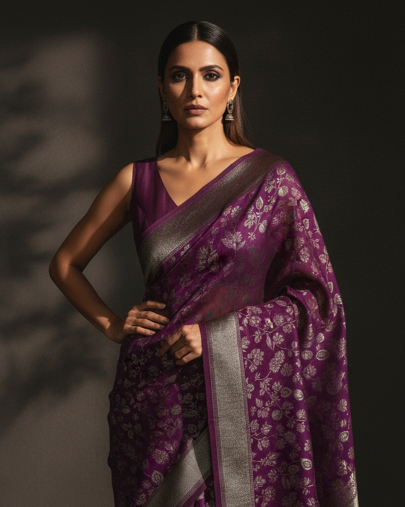 Byzantium Purple Silver Zari Rose Jaal Khaddi Georgette — Dark Editorial