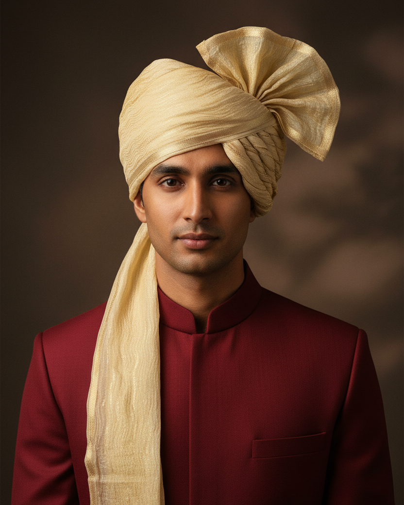 Champagne Gold Crushed Tissue Safa - Crimson Sherwani