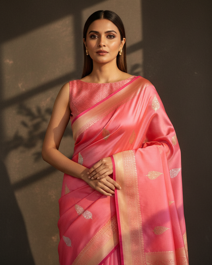 Coral Pink Katan Silk Gold & Silver Leaf Buta — Editorial