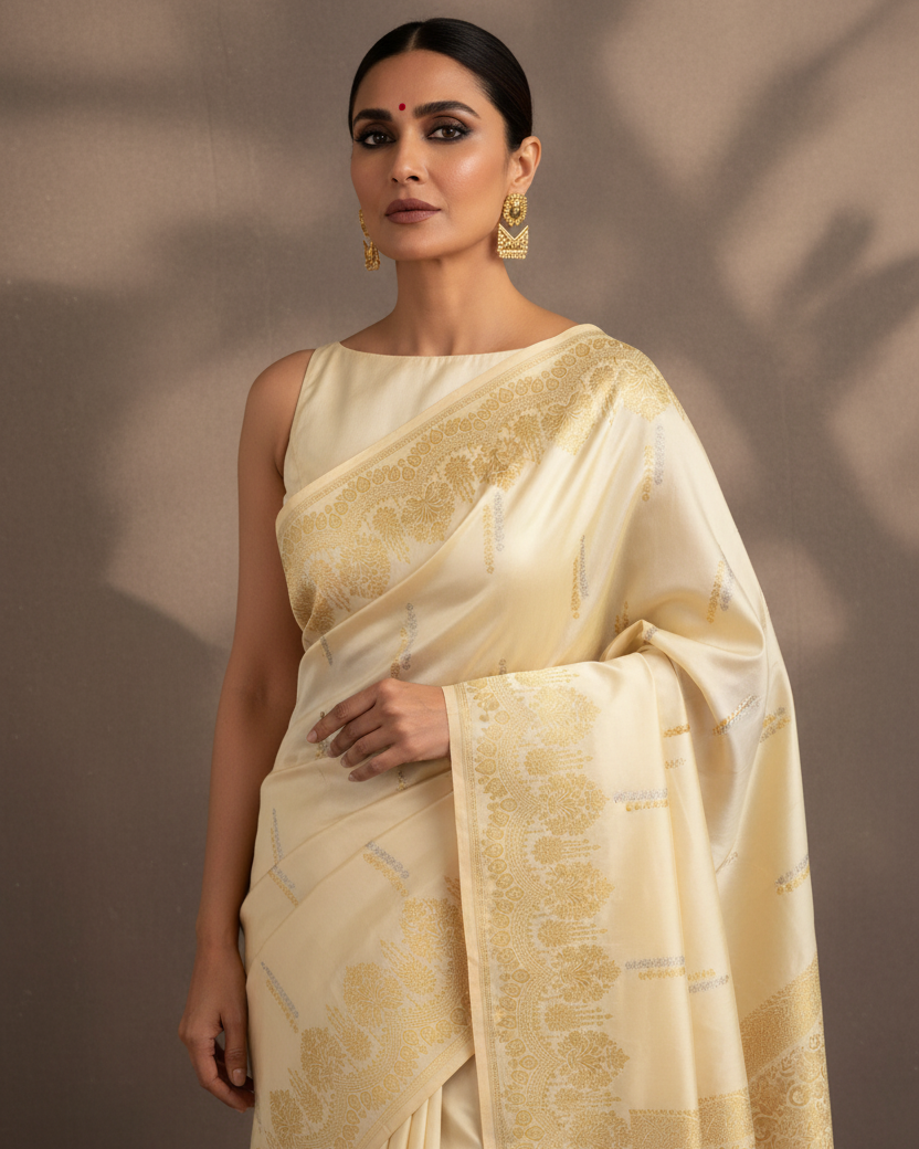 Cream Gold Silver Zari Buti Scallop Border Katan Silk — Editorial