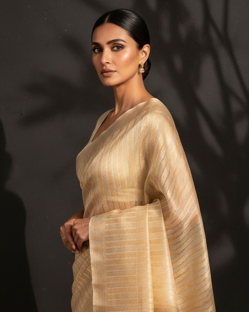 Cream Gold Silver Zari Ornament Stripes Kora Tissue Banarasi Editorial