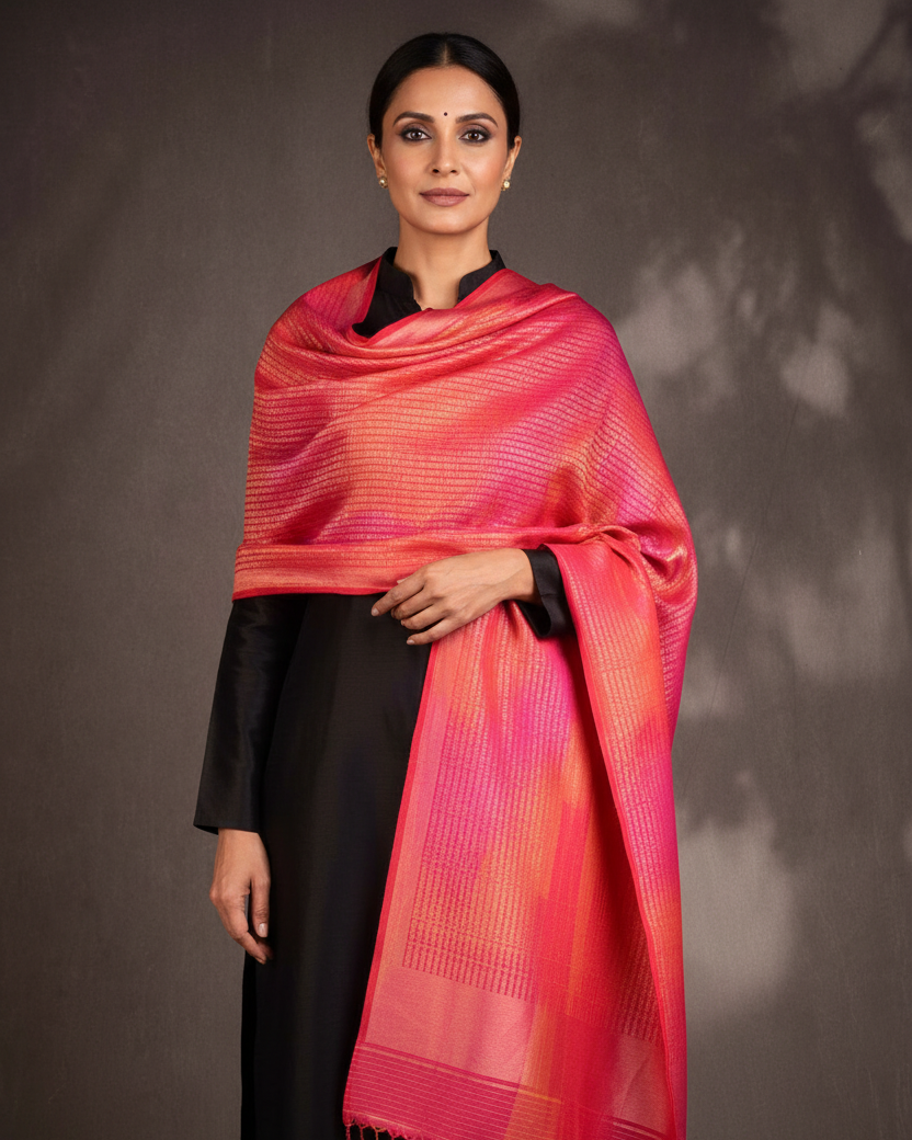 Female – draped over shoulders, black kurta