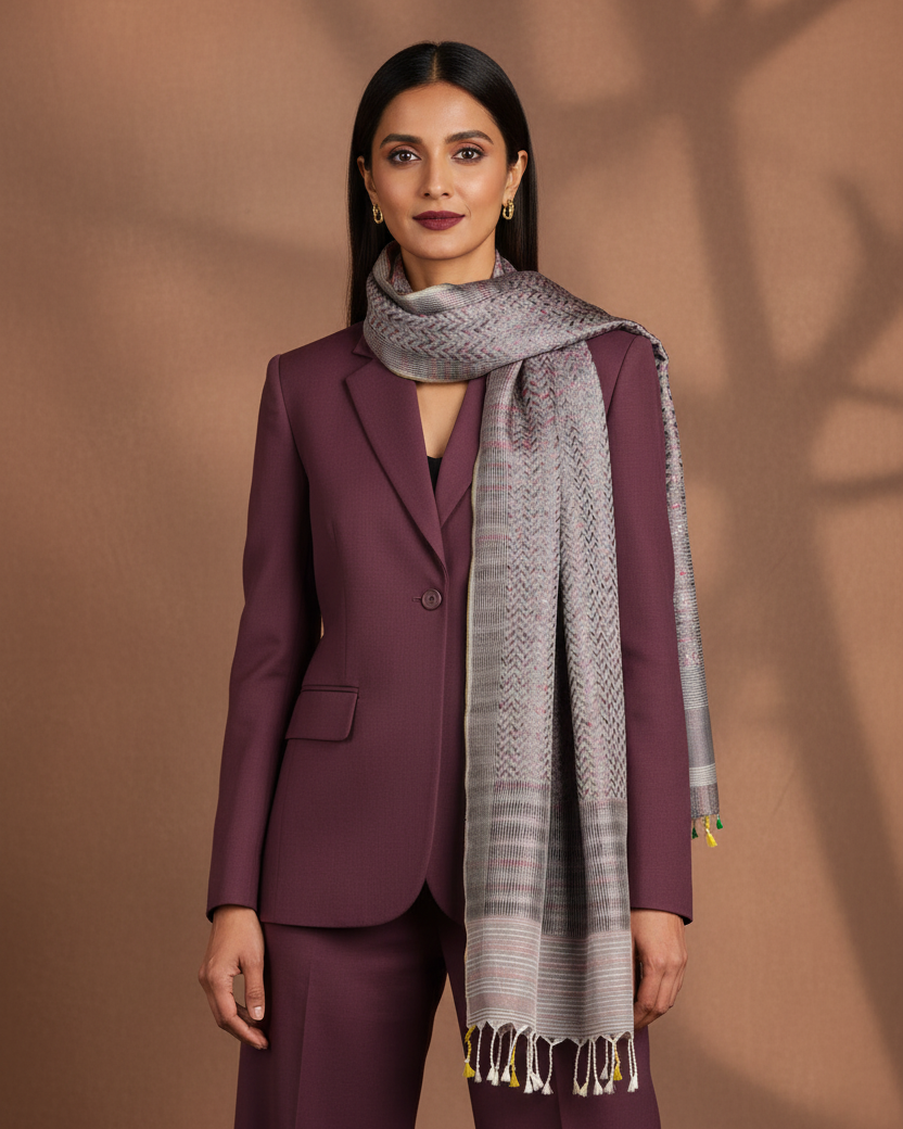 Female - Grey Herringbone Tanchoi - Burgundy Formal, Structured Wrap