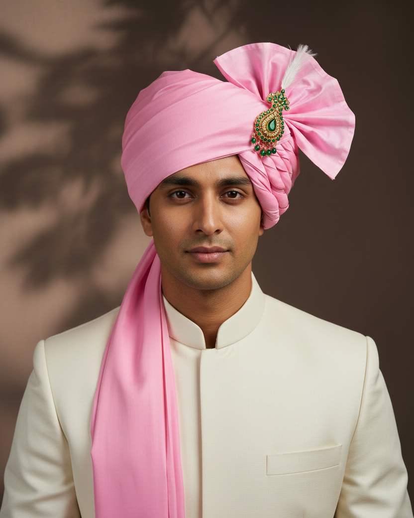 Flamingo Pink Katan Silk Safa - With Kalgi