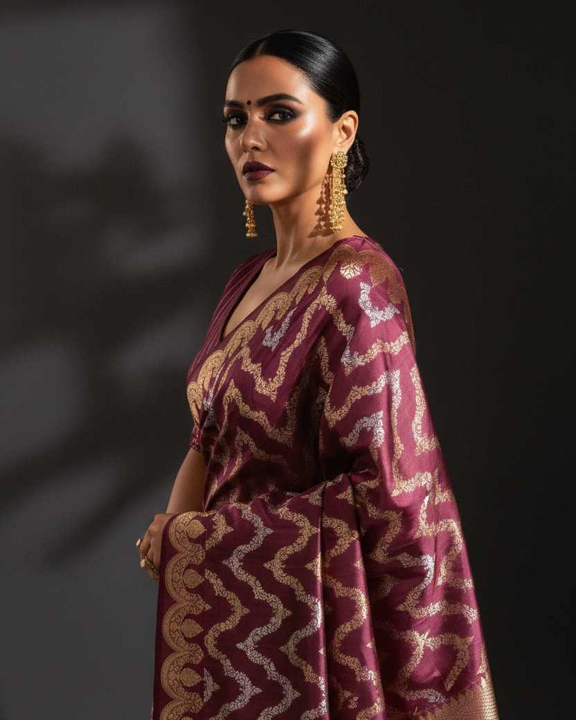 Garnet Gold Silver Chevron Waves Kadhuan Katan Silk — Editorial