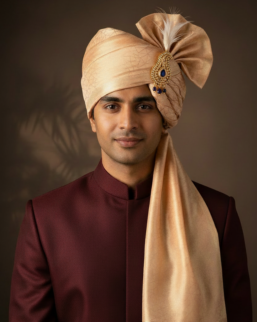 Gold Zari Crackle Kora Tissue Safa — With Kalgi
