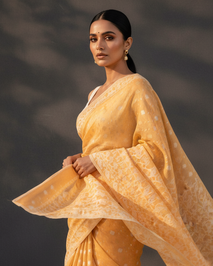 Golden Yellow Alfi Dhakai Buti Banarasi Airy Editorial v2