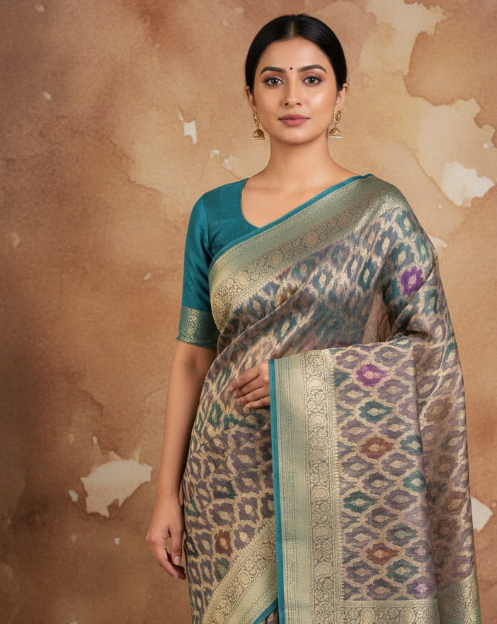 Gray Hand Brush Dye Gold Zari Kora Silk Saree - Brown Background