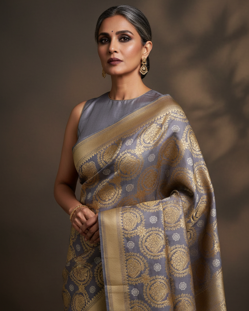 Gray Katan Silk Sona-Rupa Medallion Jaal Lifestyle