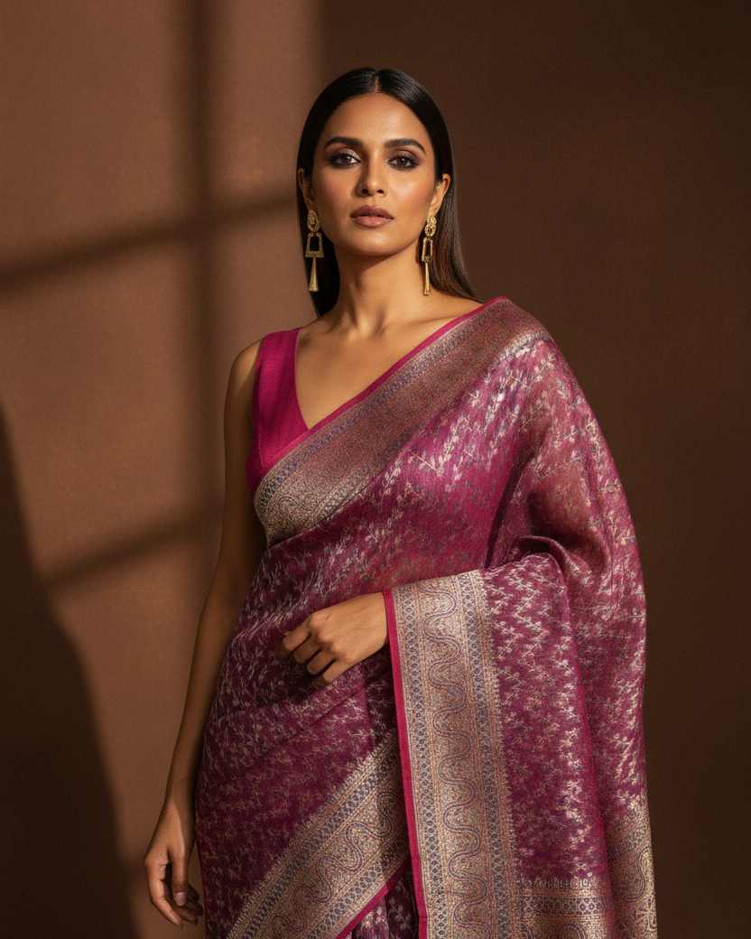 Gray on Magenta Chevron Gold Zari Cotton Silk Banarasi Saree Editorial