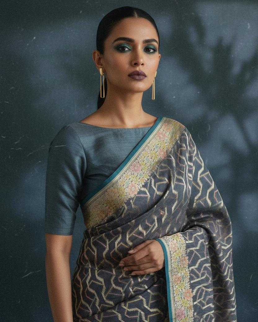 Gray Serrated Stripe Khaddi Georgette — Luxury Editorial Reframe