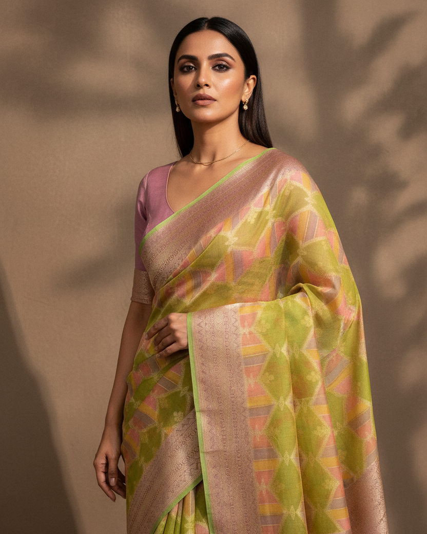 Green Multi Cotton Tissue Banarasi Editorial