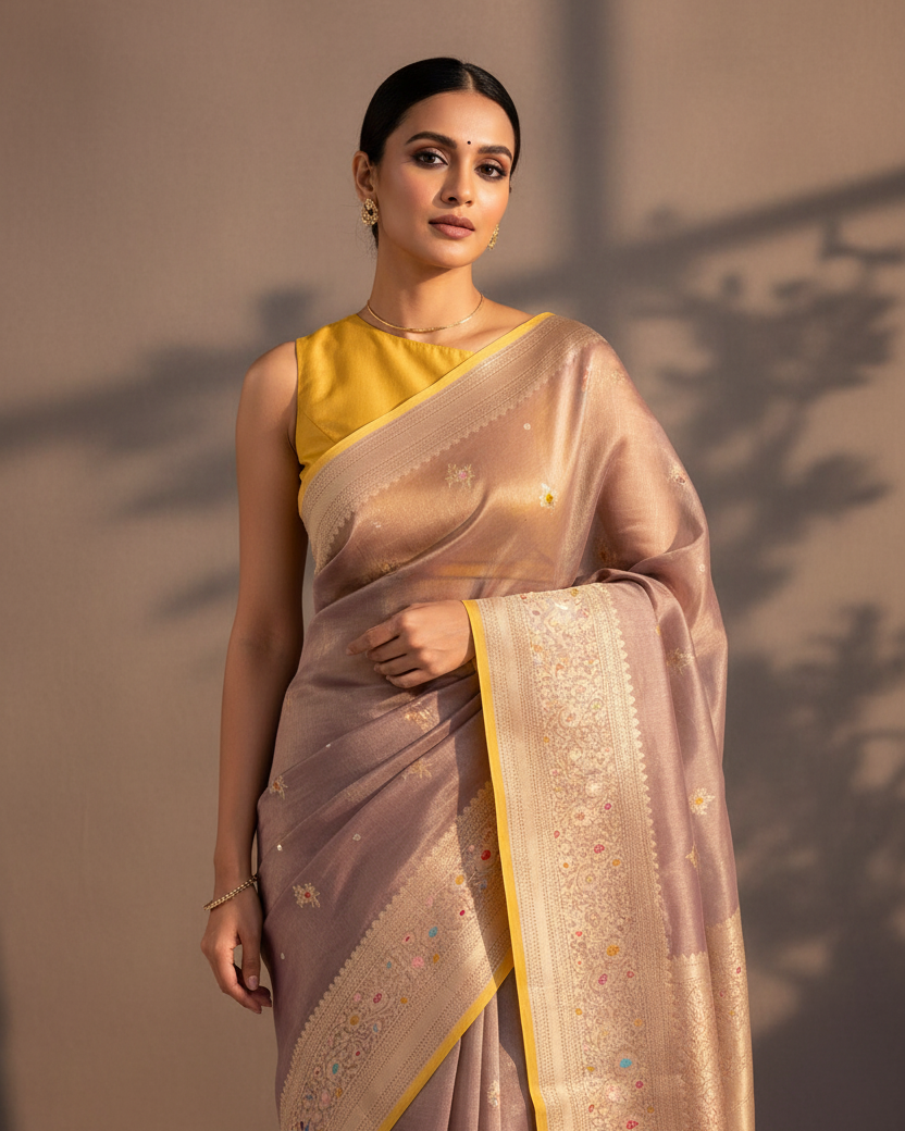 Metallic Rosy Brown Gold Zari Meenedar Buti Kadhuan Brocade Handwoven Kora Tissue Banarasi Saree with Contrast Blouse - Lifestyle Image