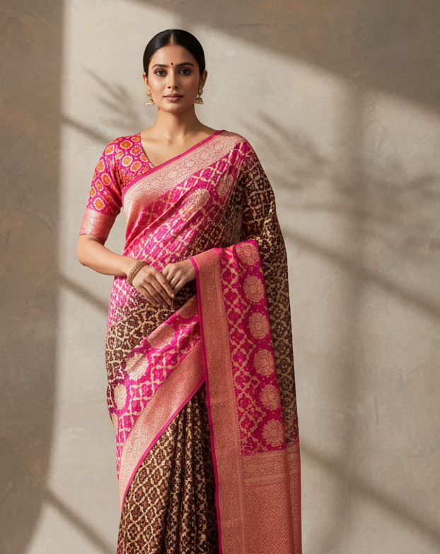Shaded Pink-Brown Banarasi Cutwork Brocade Handwoven Khaddi Georgette Saree with White & Yellow Bandhej - Premium Lifestyle Image