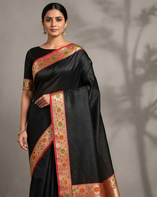 Black Banarasi Resham Buti Satin Tanchoi Brocade Handwoven Katan Silk Saree - Premium Lifestyle Image