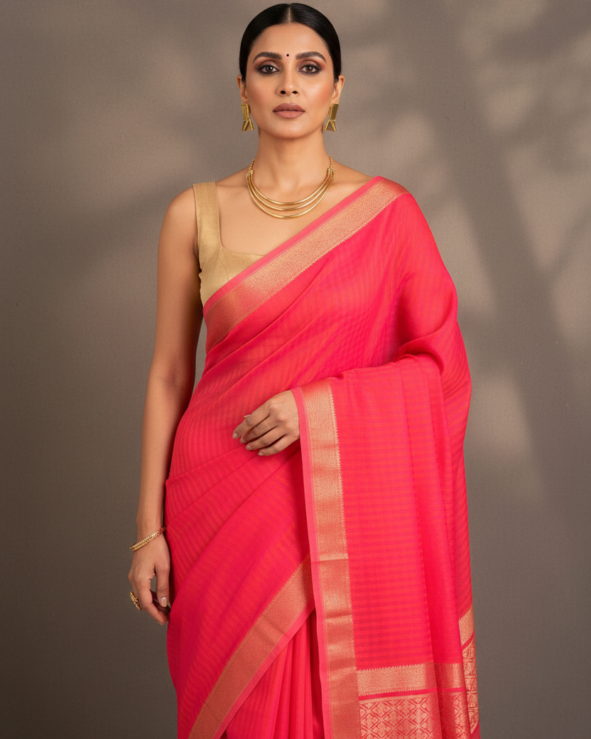 Shot Pink-Orange WATERMARK Houndstooth Tanchoi Handwoven Kora Silk Banarasi Saree - Bold Contemporary Lifestyle