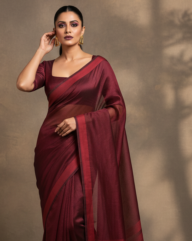 Sangria Maroon WATERMARK Illusion Honeycomb Handwoven Kora Silk Banarasi Saree - Bold Contemporary Lifestyle