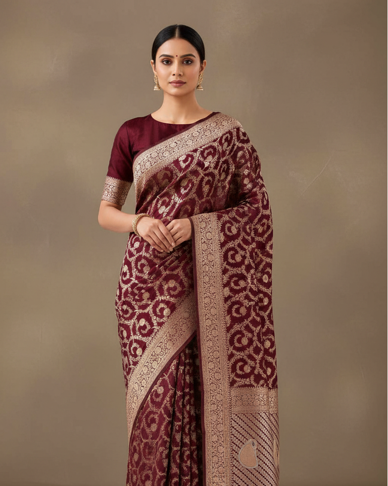 Maroon Banarasi Gold & Silver Zari Floral Jaal Cutwork Brocade Handwoven Katan Silk Saree with Red Contrast Border - Premium Lifestyle Image