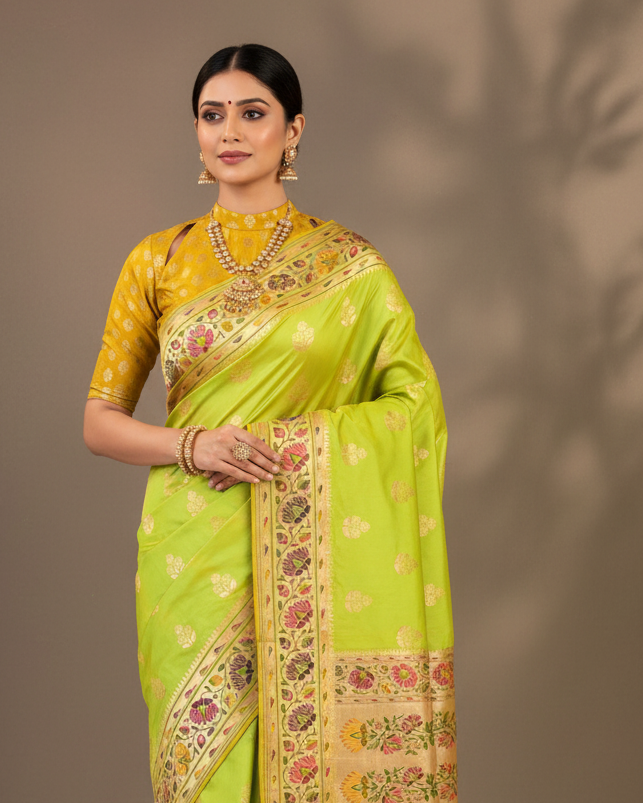 Sunny Green Banarasi Paithani Brocade Handwoven Katan Silk Saree lifestyle image