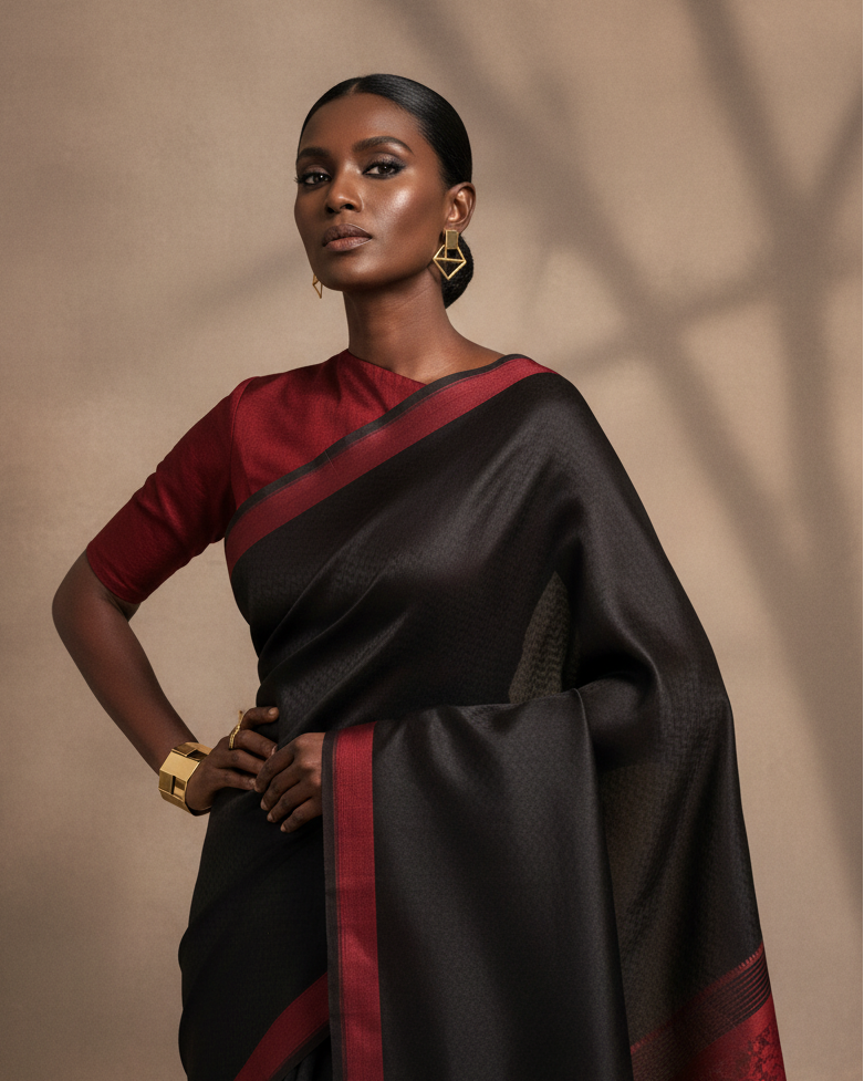 Black Herringbone WATERMARK Tanchoi Handwoven Kora Silk Banarasi Saree - Bold Contemporary Lifestyle