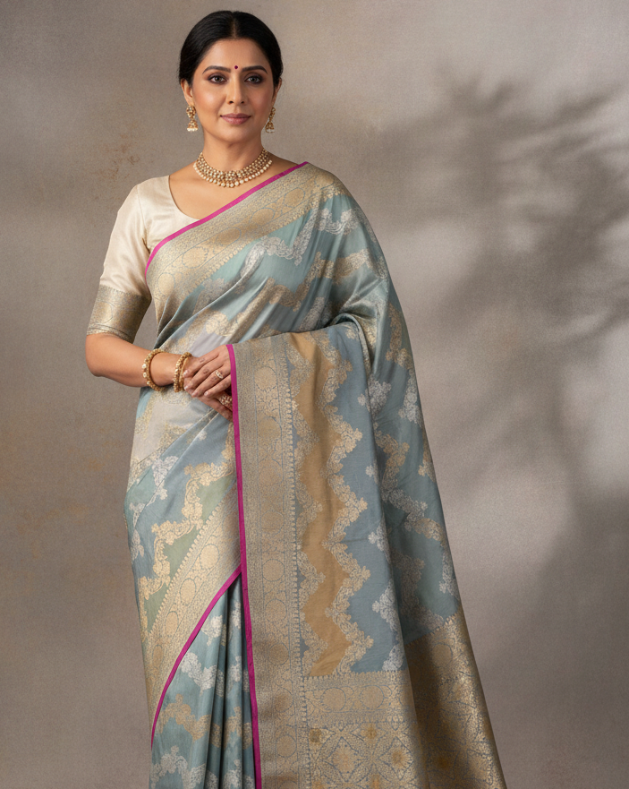 Gray Metallic Gold & Silver Zari Chevron Waves Rangkaat Kadhuan Brocade Handwoven Katan Silk Banarasi Saree lifestyle image