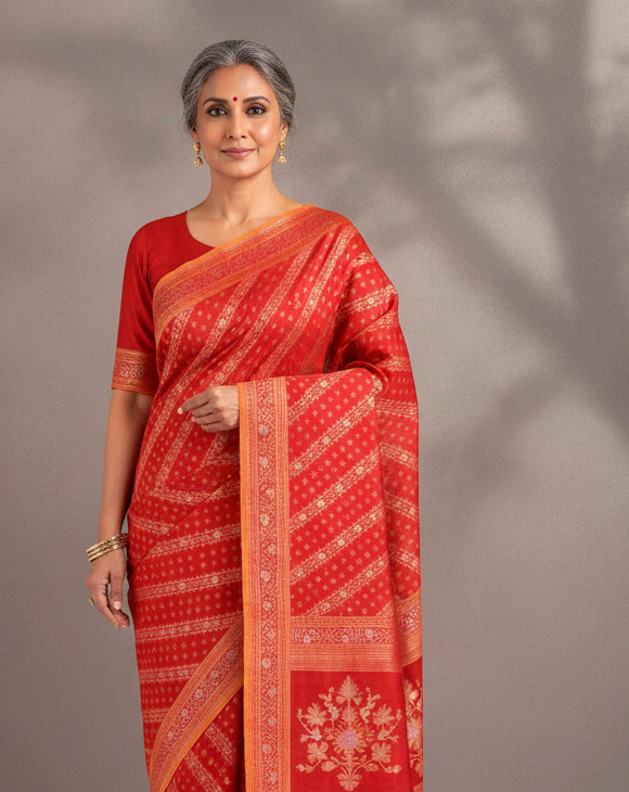 Red Rakhtambari (रक्ताम्बरी) Gold & Silver Zari Diagonal Ornament Stripes Cutwork Brocade Handwoven Cotton Banarasi Saree with Koniya Buta-HolyWeaves