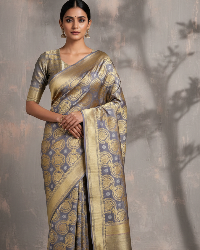 Gray Banarasi Floral Buta Jaal Sona Rupa Zari Kadhuan Brocade Handwoven Katan Silk Saree - Premium Lifestyle Image