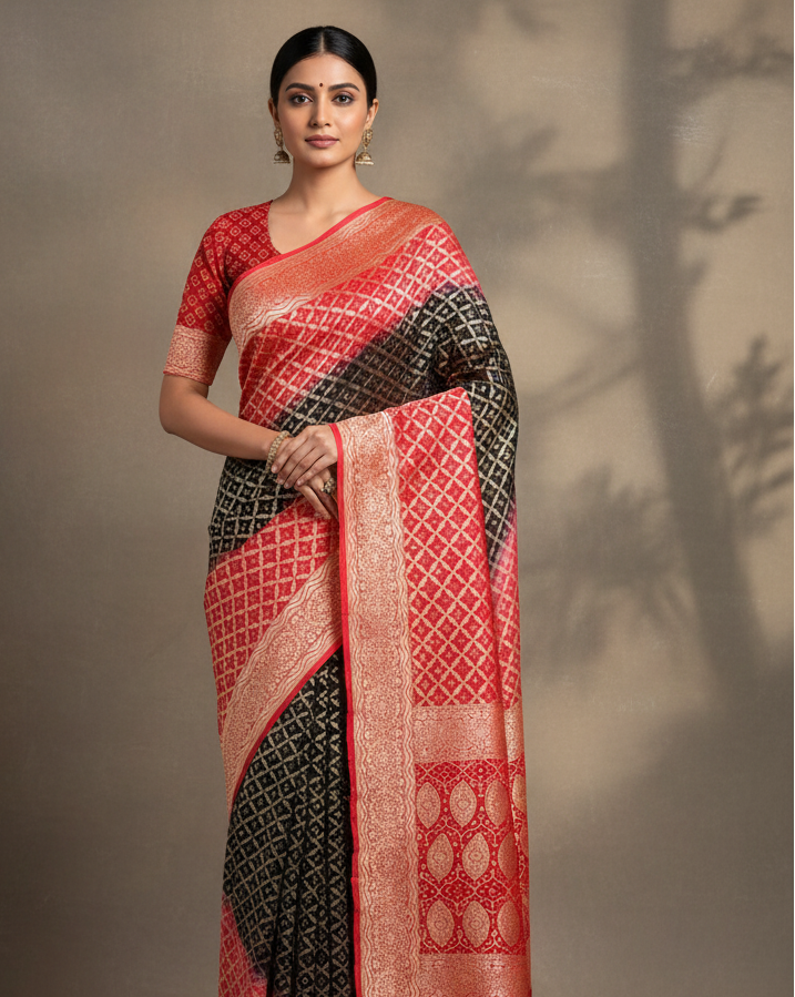 Shaded Red-Black Banarasi Cutwork Brocade Handwoven Khaddi Georgette Saree with White & Yellow Bandhej - Premium Lifestyle Image