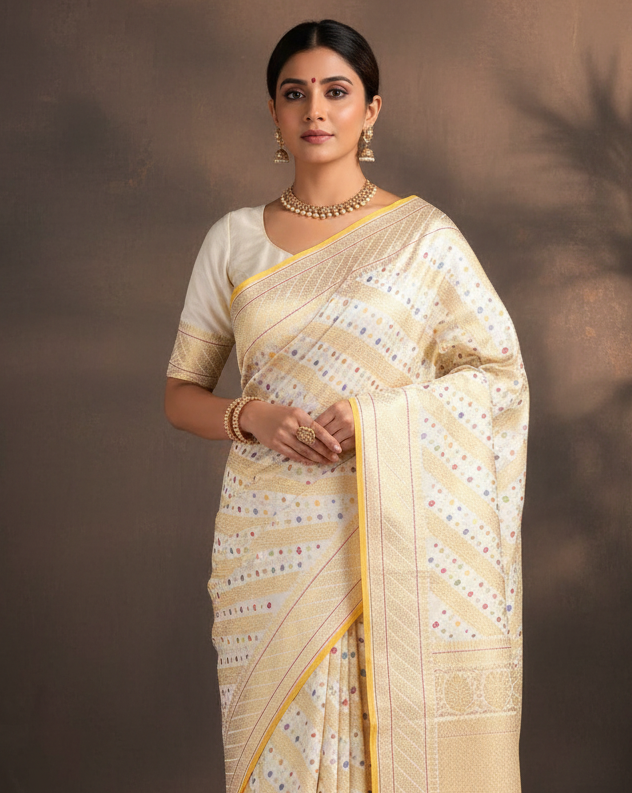 Ivory White Gold Silver Zari and Resham Diagonal Stripes Kadhuan Brocade Handwoven Katan Silk Banarasi Saree lifestyle image
