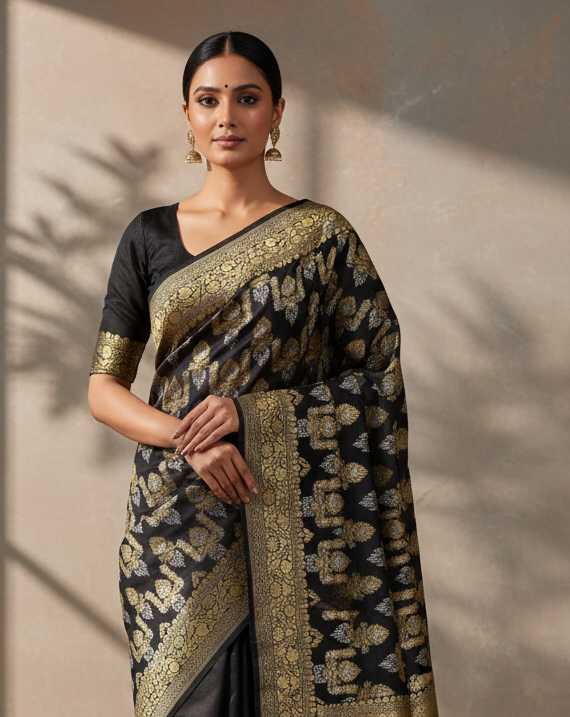 Black Banarasi Sona-Rupa Zari Jaal Kadhuan Brocade Handwoven Katan Silk Saree - Premium Lifestyle Image