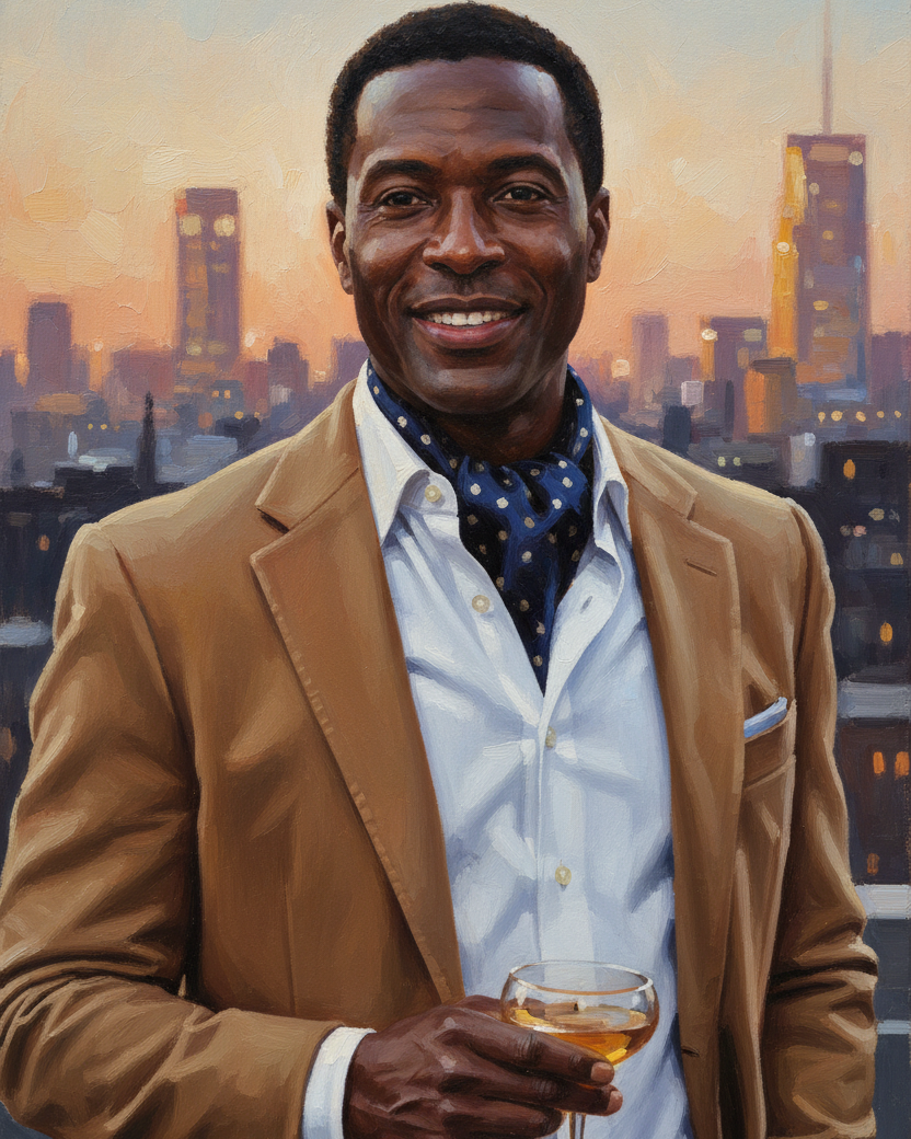 Navy Blue Gold & Silver Zari Polka Dots Brocade Handwoven Silk Ascot Tie styled for rooftop cocktail