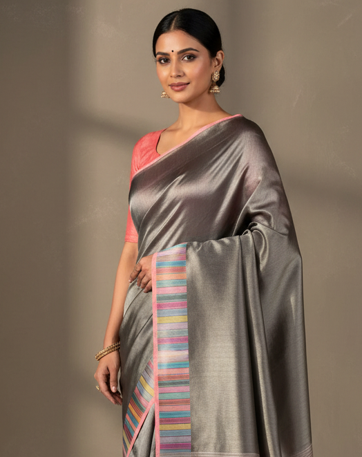 Metallic Gray Banarasi Multi-Color Bohemian Piano Stripes Kadhuan Brocade Handwoven Kora Tissue Saree - Premium Lifestyle Image